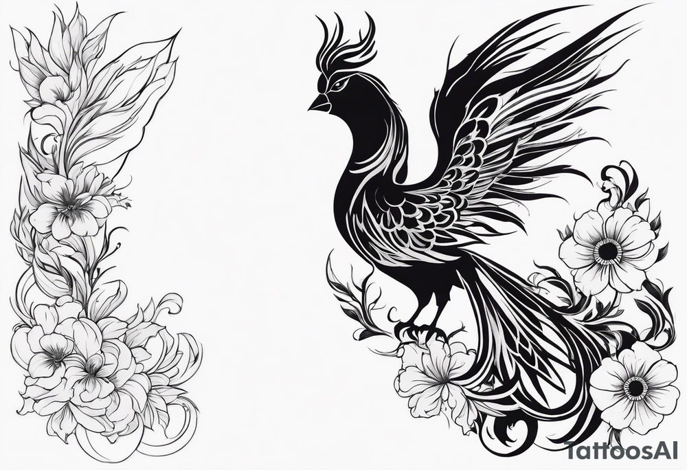 Phoenix with flowers but feminine facing to the side tattoo idea