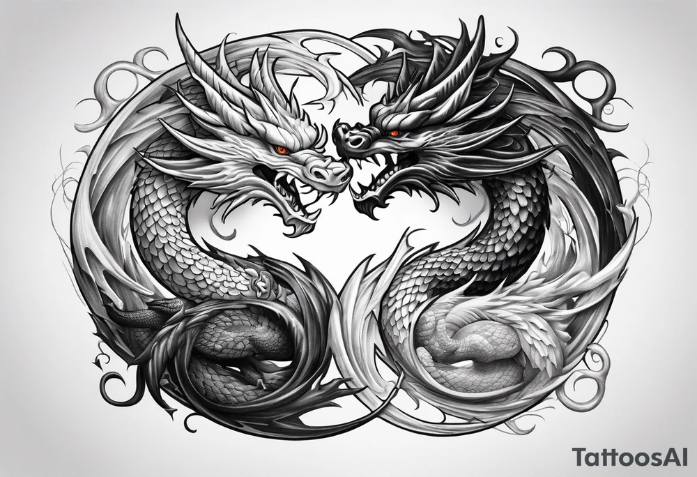 Ying yang dragons in a swirl fighting eachother , with full bodies tattoo idea