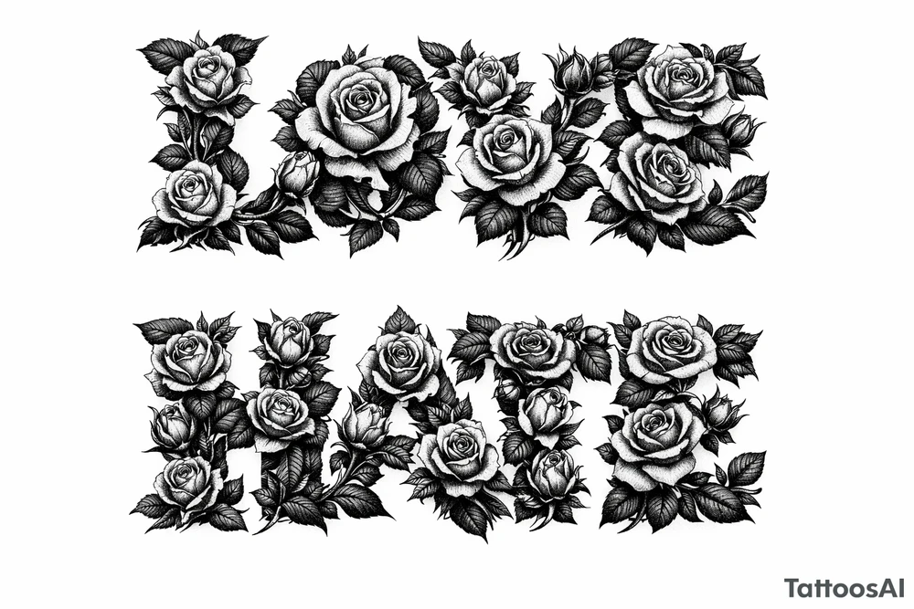 Blooming roses forming the letters of love/hate
delicate script.to much tattoo idea