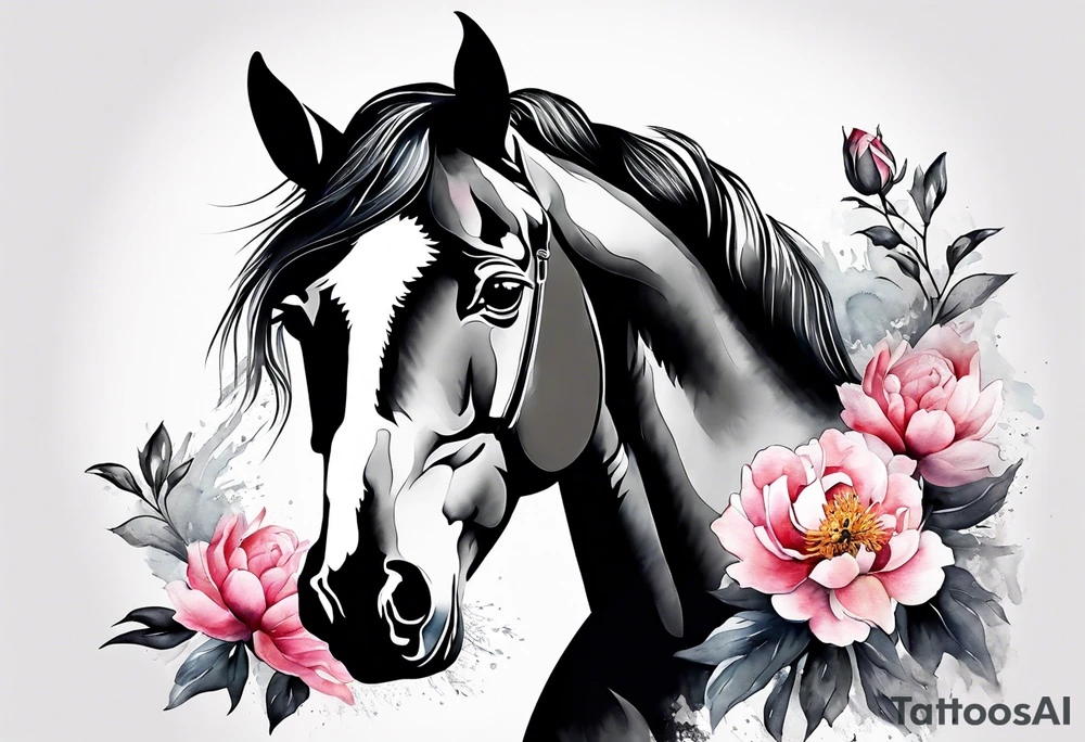 Watercolor horse with delicate peonies. tattoo idea