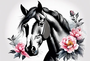 Watercolor horse with delicate peonies. tattoo idea