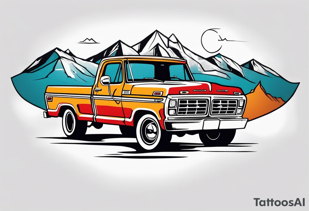 1974 ford f-100 in front of mountains tattoo idea
