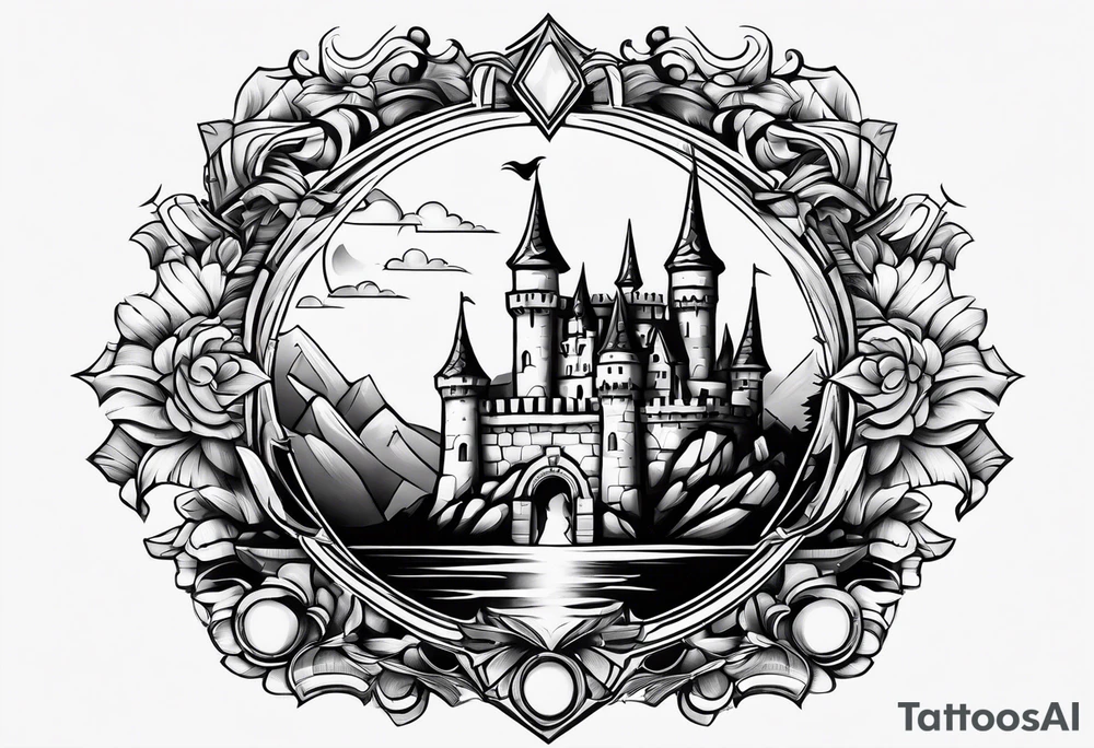 A castle floating above a crystal tattoo idea
