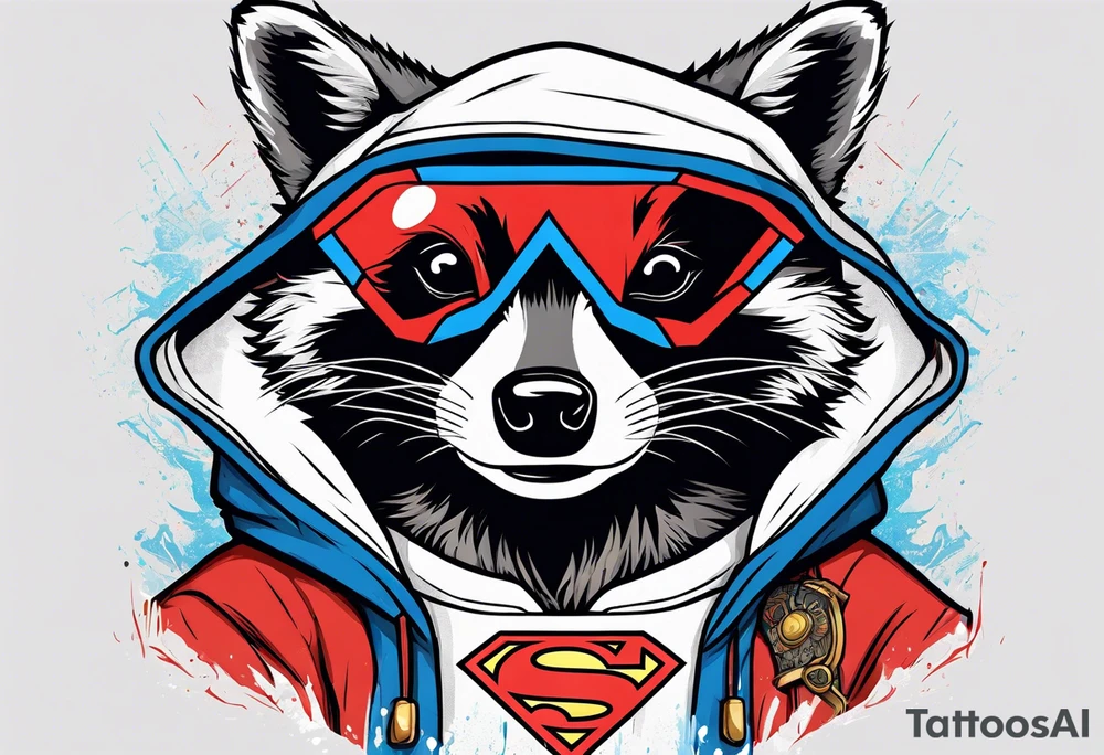 raccoon wearing a Superman hoodie tattoo idea