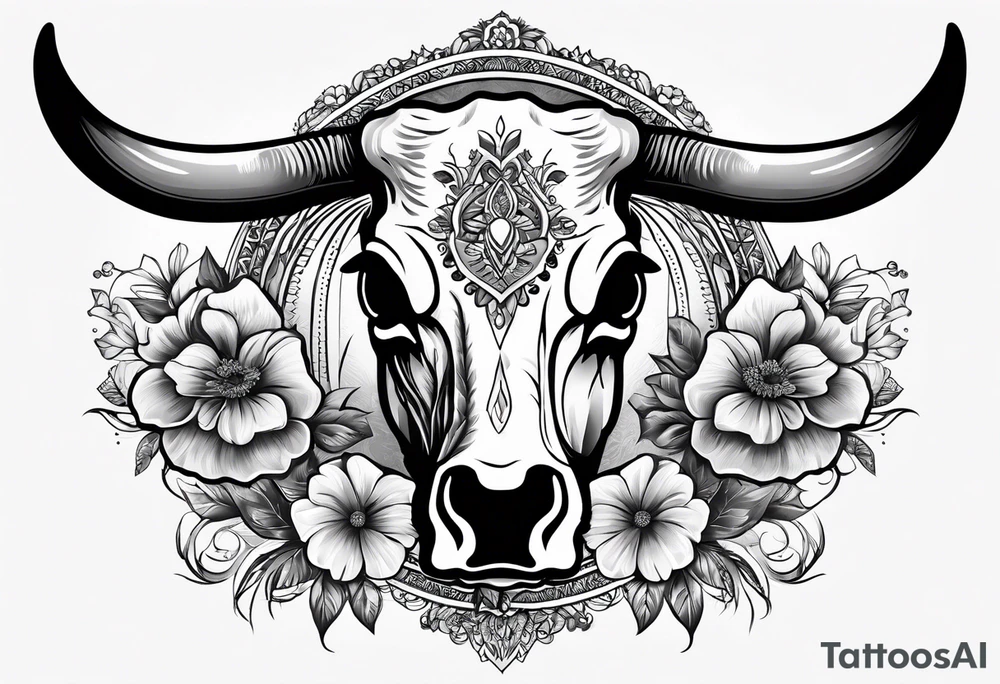 Cow skull with flowers on top and bottom tattoo idea
