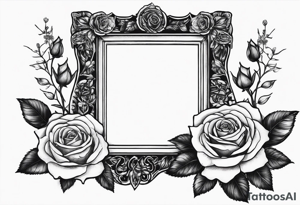 Vintage picture frame inthe picture frame there are roses and baby’s breath flowers tattoo idea