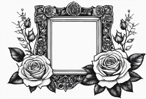 Vintage picture frame inthe picture frame there are roses and baby’s breath flowers tattoo idea
