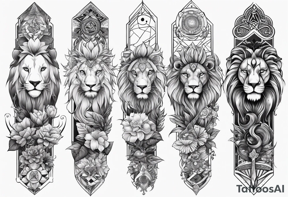 tattoo full sleeve that includes lion, cancer, aquarius and sagittarius signs tattoo idea