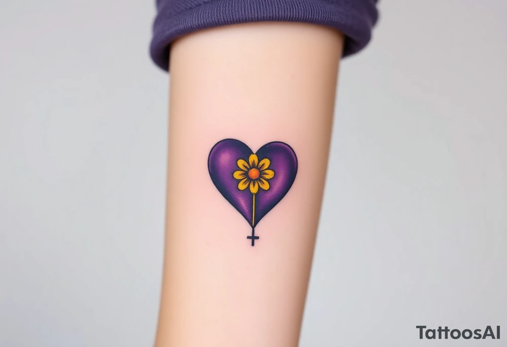 simple with Purple Hearts with yellow daisy with cross tattoo idea