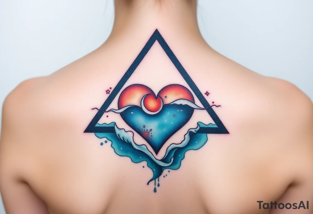 A triangle with a big heart in the center with an ocean theme tattoo idea