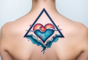 A triangle with a big heart in the center with an ocean theme tattoo idea