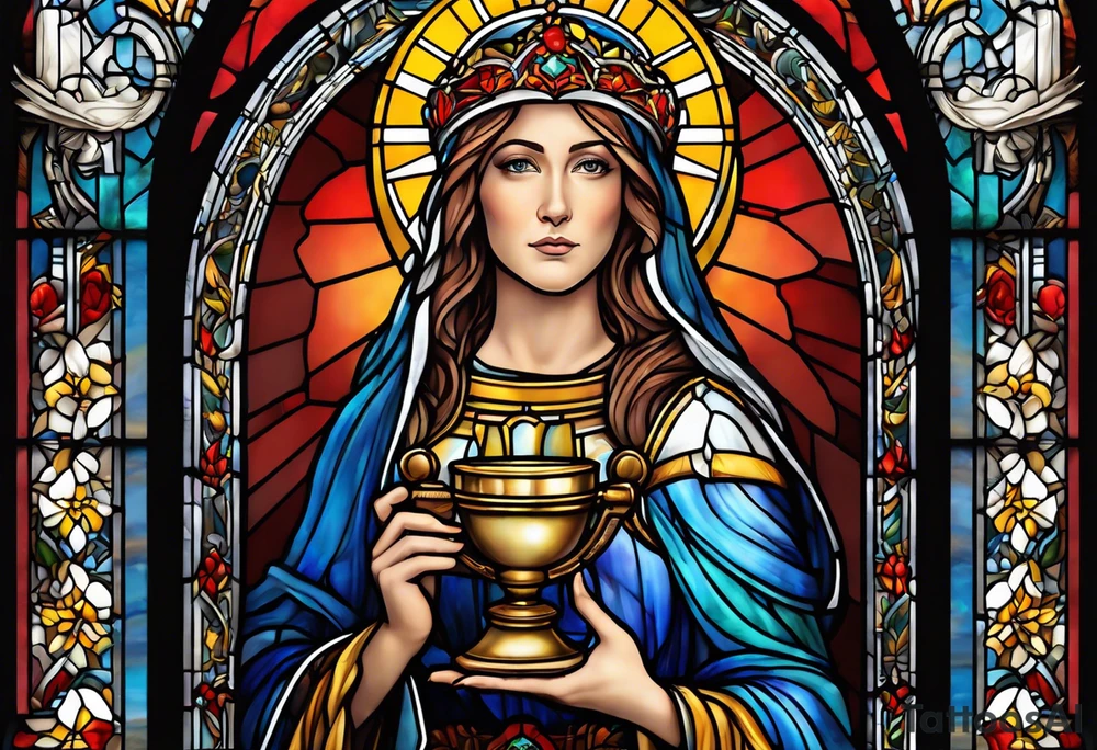 holy saint woman with halo stained glass holding a chalice with artillery tattoo idea