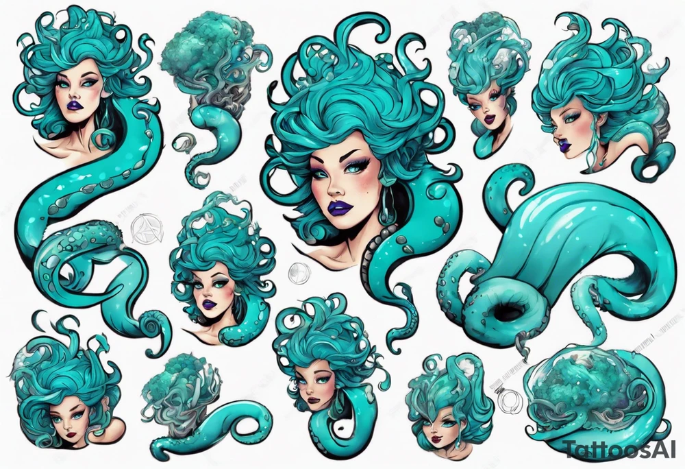 Ursula but young and beautiful, with turquoise tentacles tattoo idea