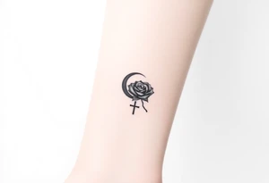 Can you make me a design for a tattoo with Lilith  symbol (half moon with cross just beneath attached to it)  a loose knot and a rose tattoo idea