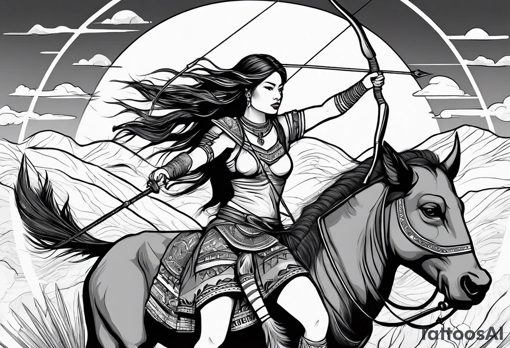 native woman female archer riding on buffalo tattoo idea