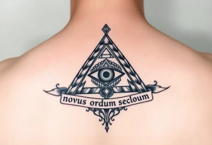 Pyramid with eye in the center, diamond on the top,surrounded by words - novus ordum seclorum tattoo idea