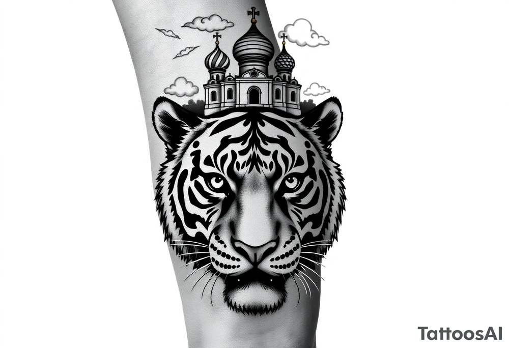 Realistic tiger face on the back of the hand with its eyes ALL black and no pupils, sitting beneath a Russian Orthodox cathedral sitting above on the top fore arm with onion domes and orthodox crosses. with clouds above and a virgin mary tattoo idea