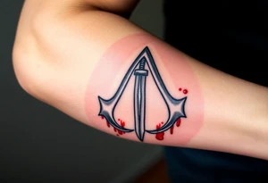 Assassins Creed emblem with Ezio hooded character, no face, with blood splashes and a sword through the entire tattoo tattoo idea