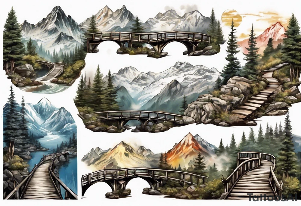 mountain landscape with a foot bridge connecting mountains tattoo idea