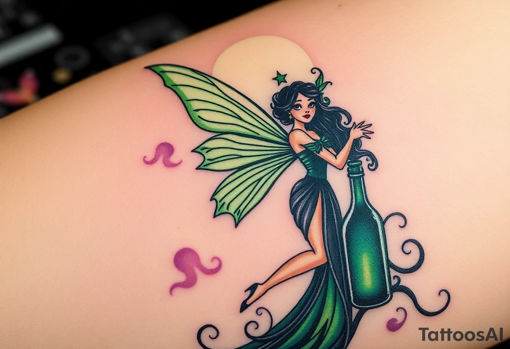 Tim Burton’s pin up style Vintage Parisian elegant and beautiful yet eerie full body absinthe Green Fairy dances outside her victorian crystal decatur absinthe bottle Absinthe Art Nouveau   and dripping with muted reds, dusty pinks, and eerie green glow.purple and cyan smokey clouds swirl in the crescent moonlit sky thats sprinkled with stars tattoo idea