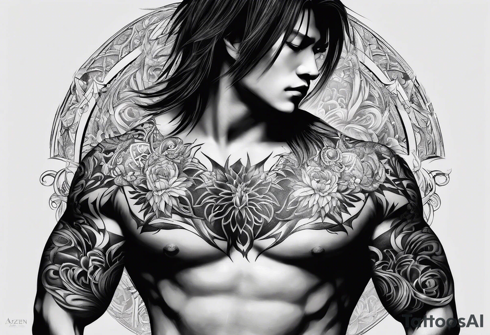 religious sleeve inscribed with the name Aizen and the name Azaias tattoo idea