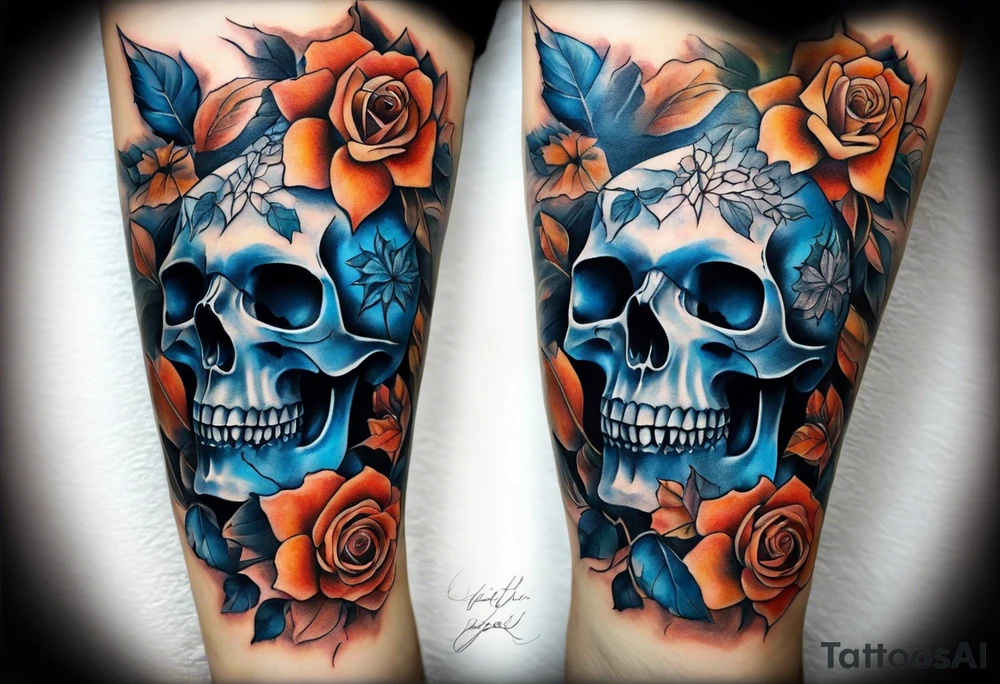 Front knee tattoo with fall colors, small flowers, rose, devil skull, leaves, blue water flows with washes and background tattoo idea