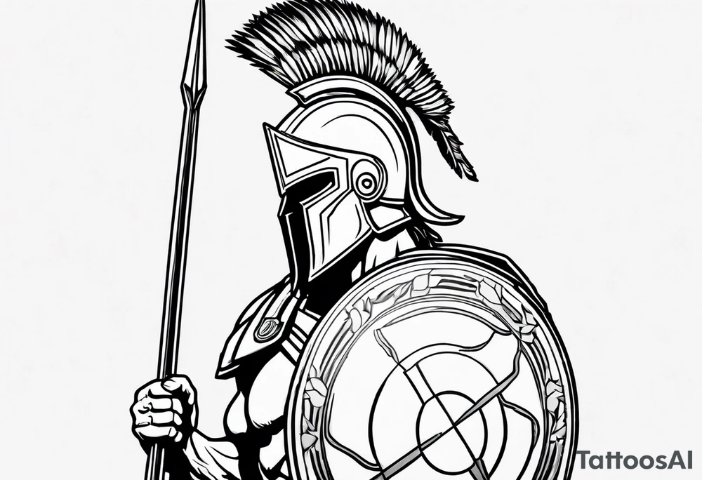 rectangular landscape format ultra-fine line linework vector of a spartan from the side, spartan spear, spartan shield, laurel wreath tattoo idea