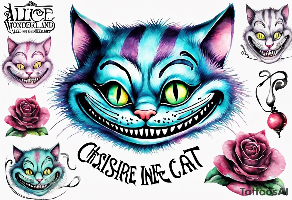Cheshire Cat From Alice in wonderland with quote tattoo idea