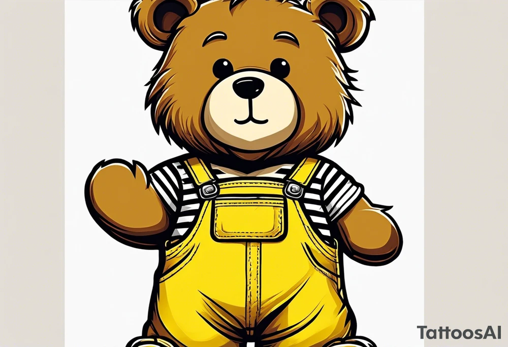 the image of the back of a light brown teddy bear standing in yellow overalls, white tank top, striped boots and holding his left arm up tattoo idea
