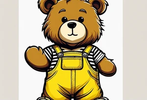 the image of the back of a light brown teddy bear standing in yellow overalls, white tank top, striped boots and holding his left arm up tattoo idea