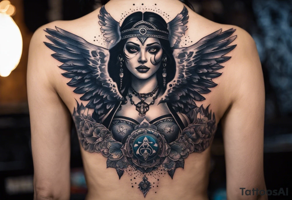 black kali, goddess pirate, alien, angel, pachamama, valkrye, warrior, flying, skull, lotus azul, wing, eagle, zenza resonance, stars, 5D, anahata chakra, death, durga, riding on a tiger, flying lady, chest tatoo tattoo idea