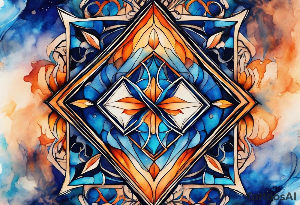 Twin flame symbol with blue and orange fire. Intricate lining and watercolor paint for the fire. Make it a small tattoo. tattoo idea