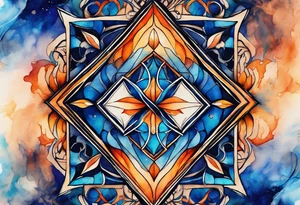 Twin flame symbol with blue and orange fire. Intricate lining and watercolor paint for the fire. Make it a small tattoo. tattoo idea