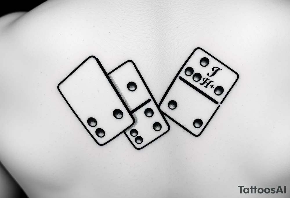 attoo design of three domino tiles falling like in a real domino chain reaction, captured in motion. Retro realistic black and grey shading, not fine-line. The tiles show: one with 8 (4+4), one with 7 (4+3), one with 6 (six dots on the bottom half). On the top half of the domino with 6, add the initials ‘JH’ in elegant retro lettering. Dynamic perspective, sense of motion, vintage realistic tattoo style.“ tattoo idea
