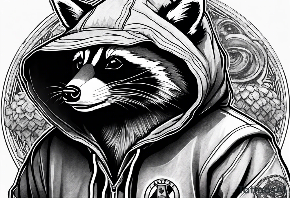 Raccoon wearing an orange Superman hoodie tattoo idea