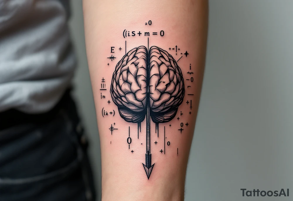 A front-seen brain in geometric and straight lines, math symbols arround. A detailed arrow crossing from below, with its tip desintegrating to represent to represent entropy. Around of the main tattoo, math and physics formulas fill the space, including the formula "ΔS ≥ 0" and the formula "(iδ + m) Φ = 0" tattoo idea