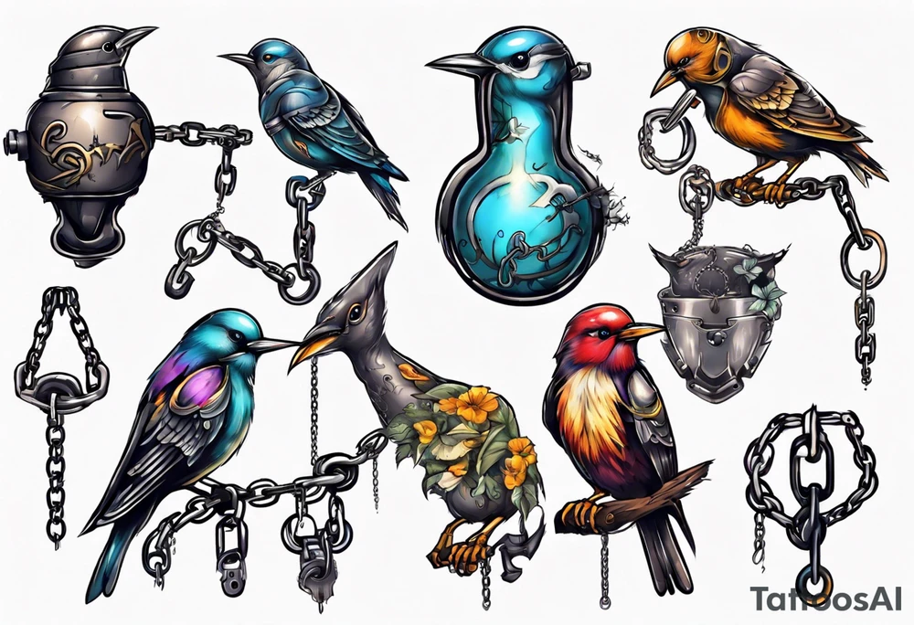A songbird with no head, shackle and chain on leg tattoo idea