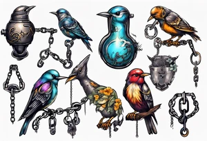 A songbird with no head, shackle and chain on leg tattoo idea