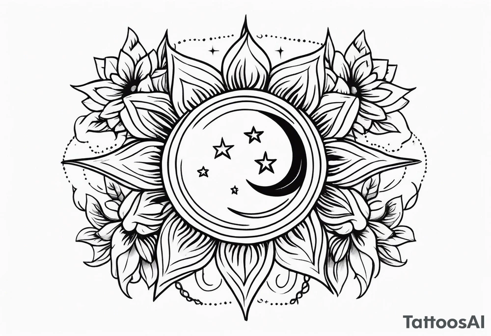 Western floral with sun stars and moon. Mirrored tattoo idea