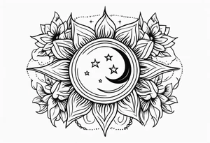 Western floral with sun stars and moon. Mirrored tattoo idea