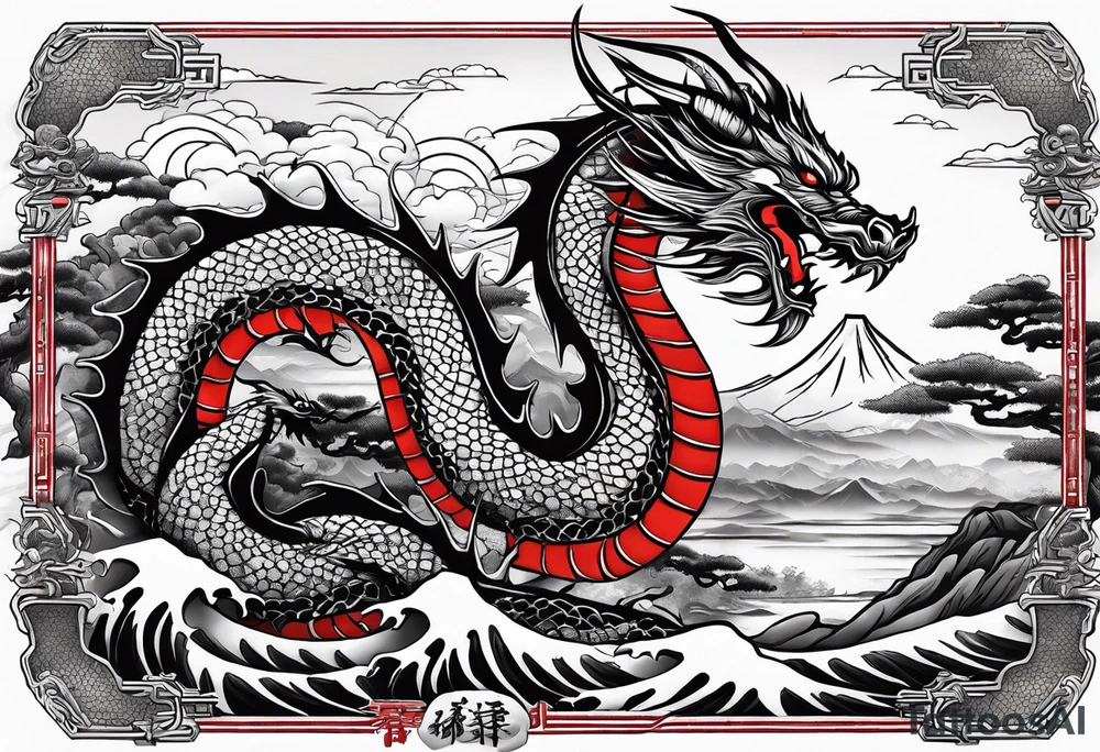 make a dragon with red sun, some japanese car and bonsai tattoo idea