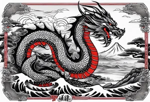 make a dragon with red sun, some japanese car and bonsai tattoo idea
