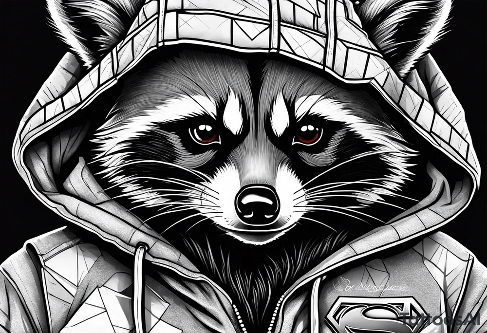 raccoon wearing a Superman hoodie tattoo idea