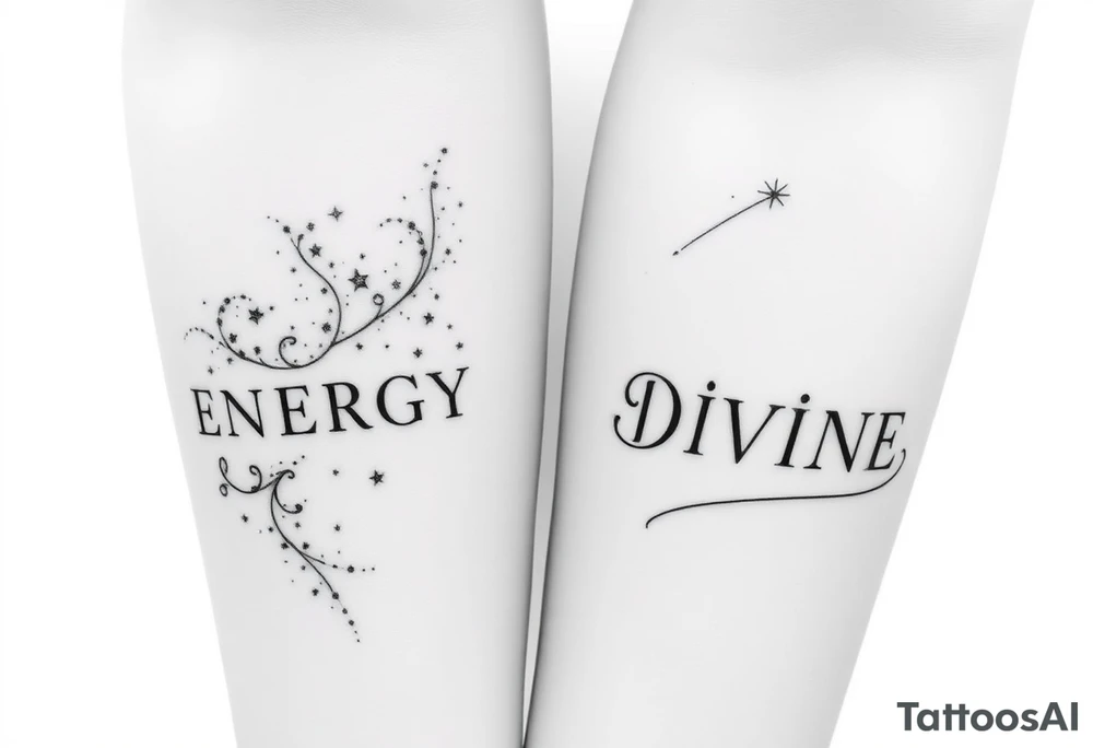 Two minimalist blackwork dotwork tattoos featuring the word ‘ENERGY’ on the left arm, balancing with ‘DIVINE’ on the right arm. Surrounding ‘ENERGY’ is a nebula or cosmic wind or stardust or a comet, designed with intricate dot shading and fine linework. The tattoo is realistic yet subtle, creating a cosmic, ethereal feel while keeping a clean, minimalist aesthetic. The elements flow naturally, complementing the shape of the arm without overpowering the text. tattoo idea