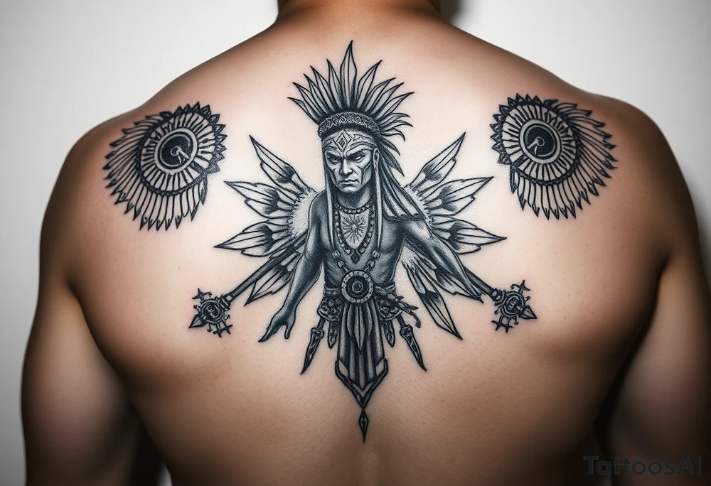 Purepecha warrior surrounded by purepecha symbols tattoo idea