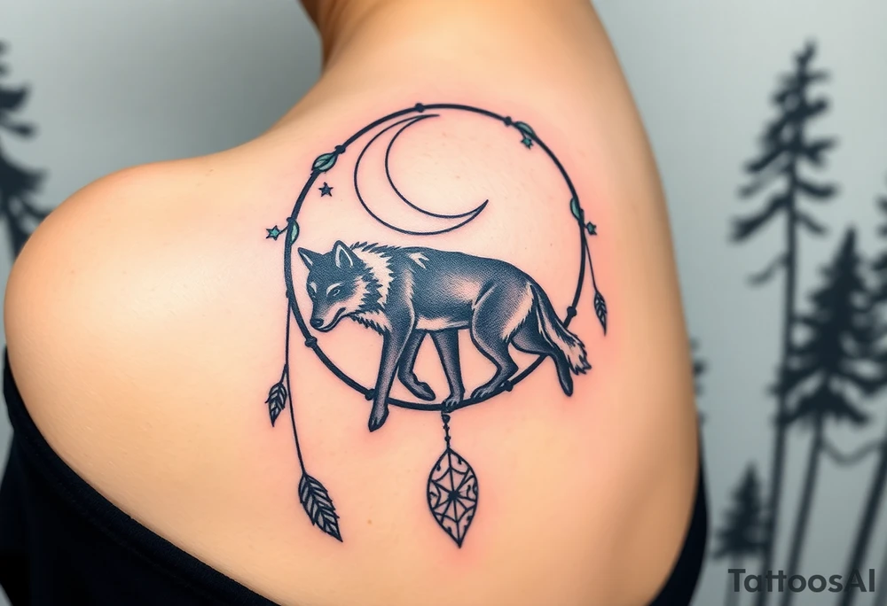 A wolf walking under a crescent moon within a dreamcatcher, surrounded by trees. The wolf is in black with white highlights, and the dreamcatcher is detailed with silver moon symbols and green leaves tattoo idea