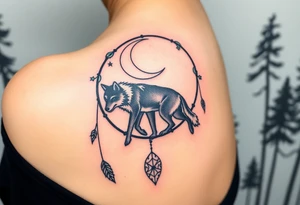 A wolf walking under a crescent moon within a dreamcatcher, surrounded by trees. The wolf is in black with white highlights, and the dreamcatcher is detailed with silver moon symbols and green leaves tattoo idea