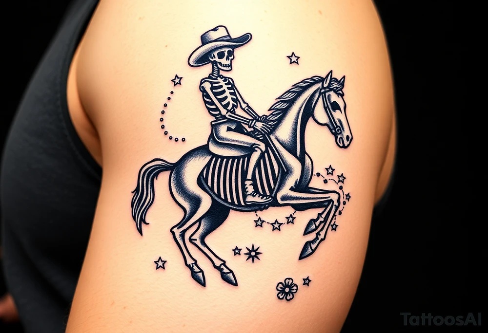 cowboy skeleton riding a horse skeleton on bicep, Fill with stars, dots, and flowers tattoo idea