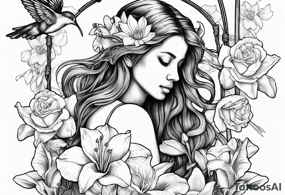 sad angel on swing from behind with head down and face covered by her hair surrounded by lily, daffodil, rose, daisy, narcissus holding a hummingbird tattoo idea