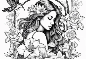 sad angel on swing from behind with head down and face covered by her hair surrounded by lily, daffodil, rose, daisy, narcissus holding a hummingbird tattoo idea